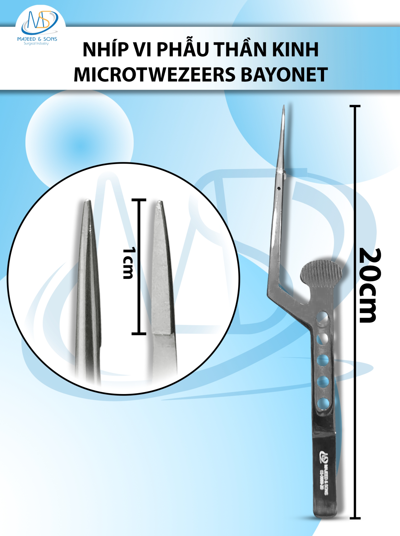 Nhíp vi phẫu thần kinh Microtwezeers Bayonet 20cm ĐEN D1cm