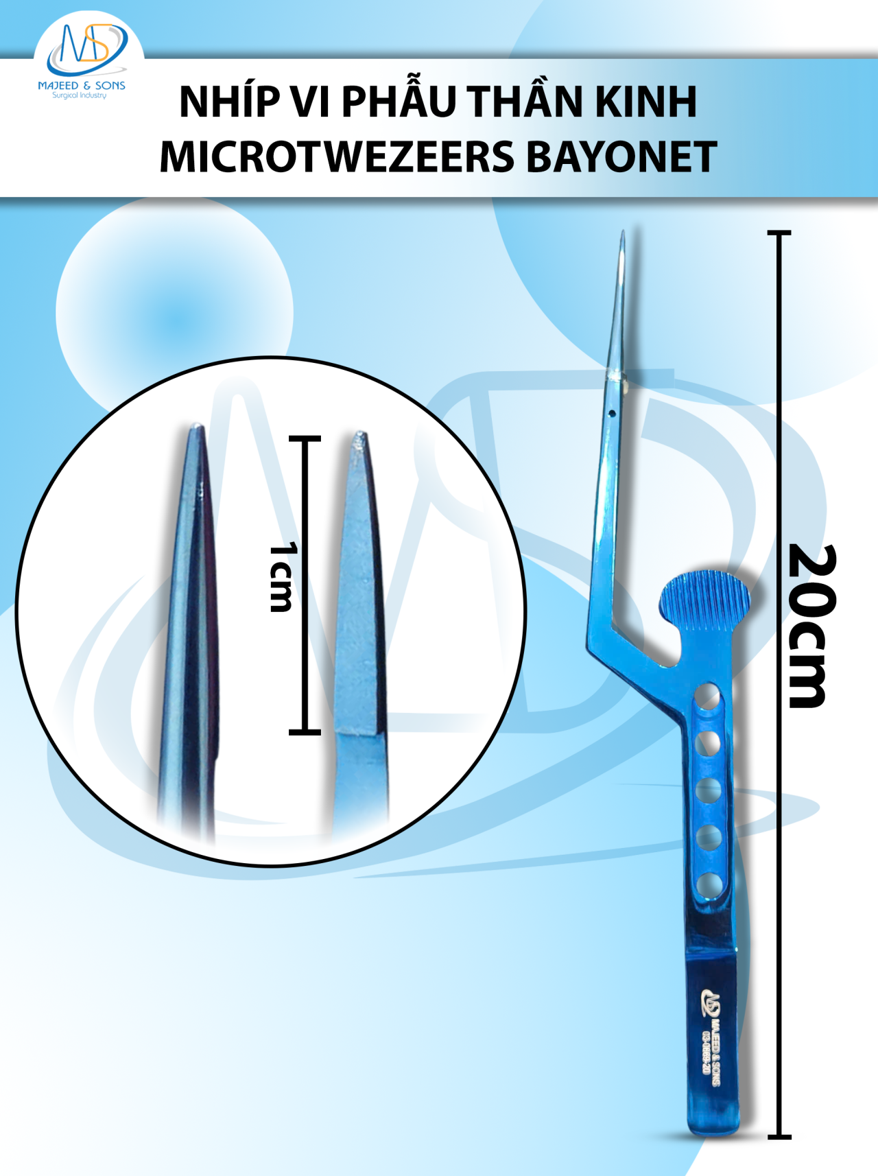 Nhíp vi phẫu thần kinh Microtwezeers Bayonet 20cm XANH D1cm 