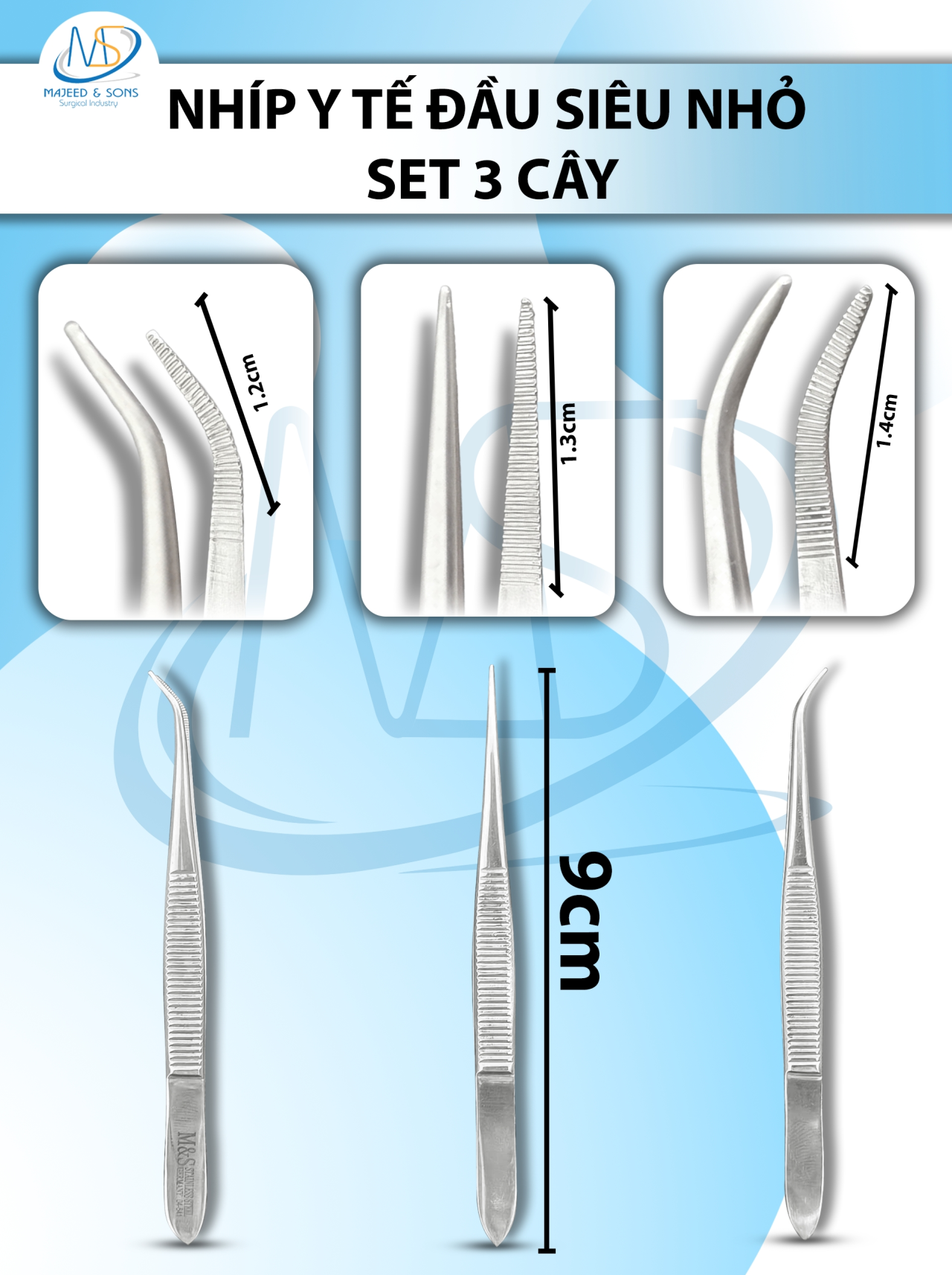 Nhíp y tế đầu siêu nhỏ set 3 cây( dài 9cm D1.2cm ) 2 ( dài 9cm D1.3cm ) 3( dài 9cm D1.4cm)