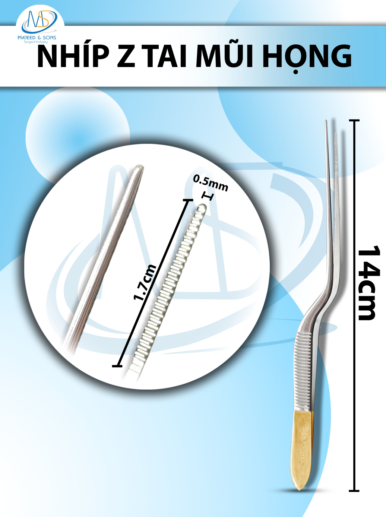 Nhíp Z tai mũi họng 14cm, Đầu nhíp 0.5mmx1.7cm
