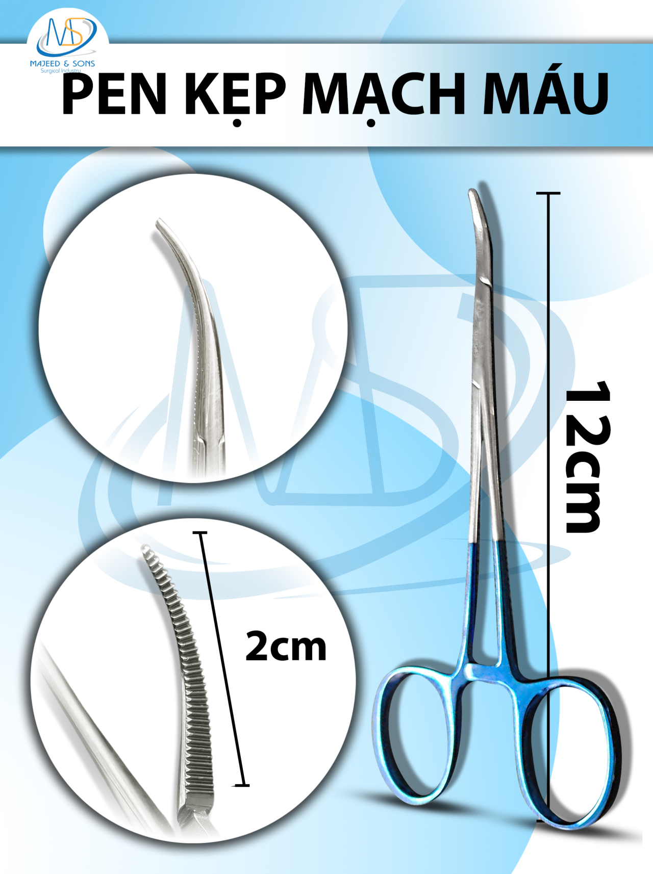 Pen 12cm kẹp mạch máu, đầu nhỏ thân nhỏ Lưỡi kẹp 2cm (cán xanh)