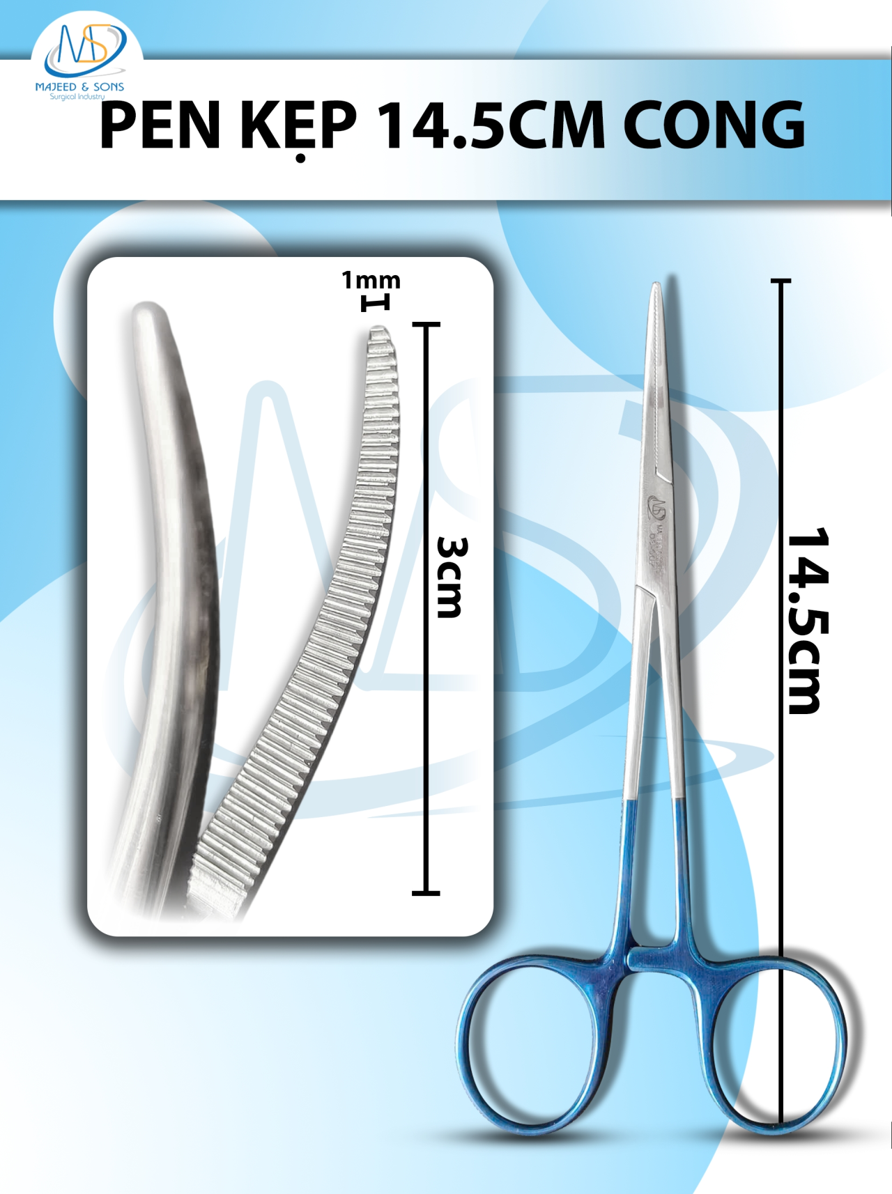 Pen kẹp 14.5cm cong, đầu D3cm R1mm cán xanh