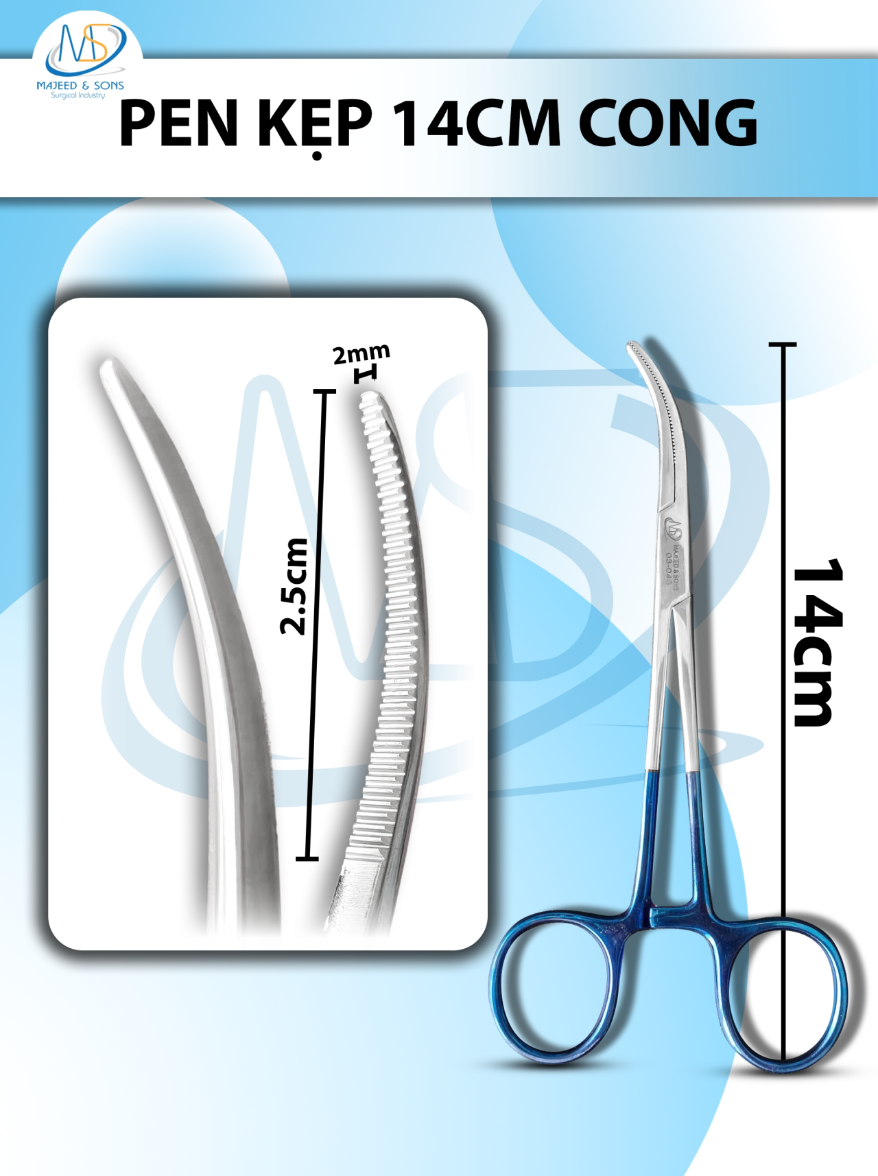 Pen kẹp cong 14cm, đầu D2.5cm R2mm