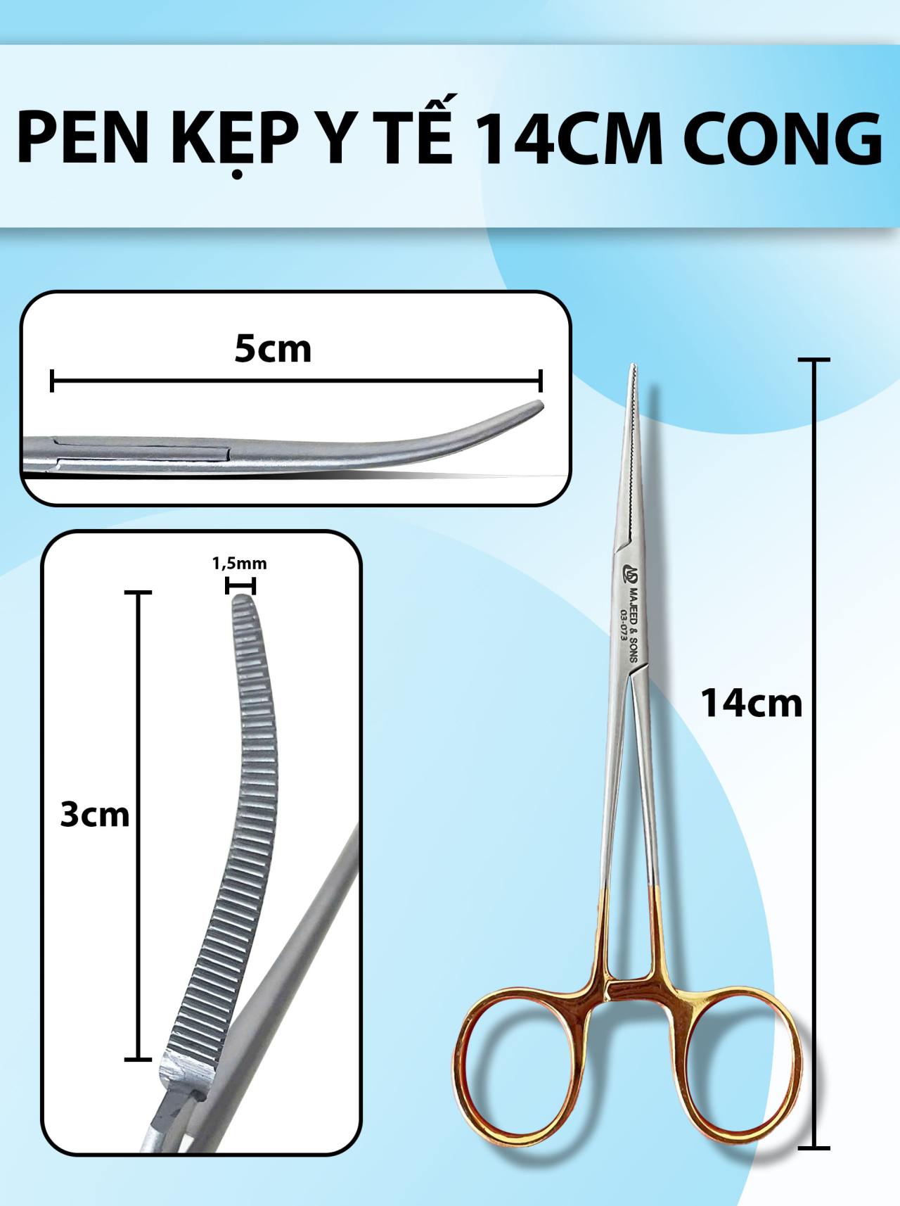 Pen kẹp y tế 14cm cong đầu nhỏ, răng đều, pen y tế, kẹp gắp 14cm