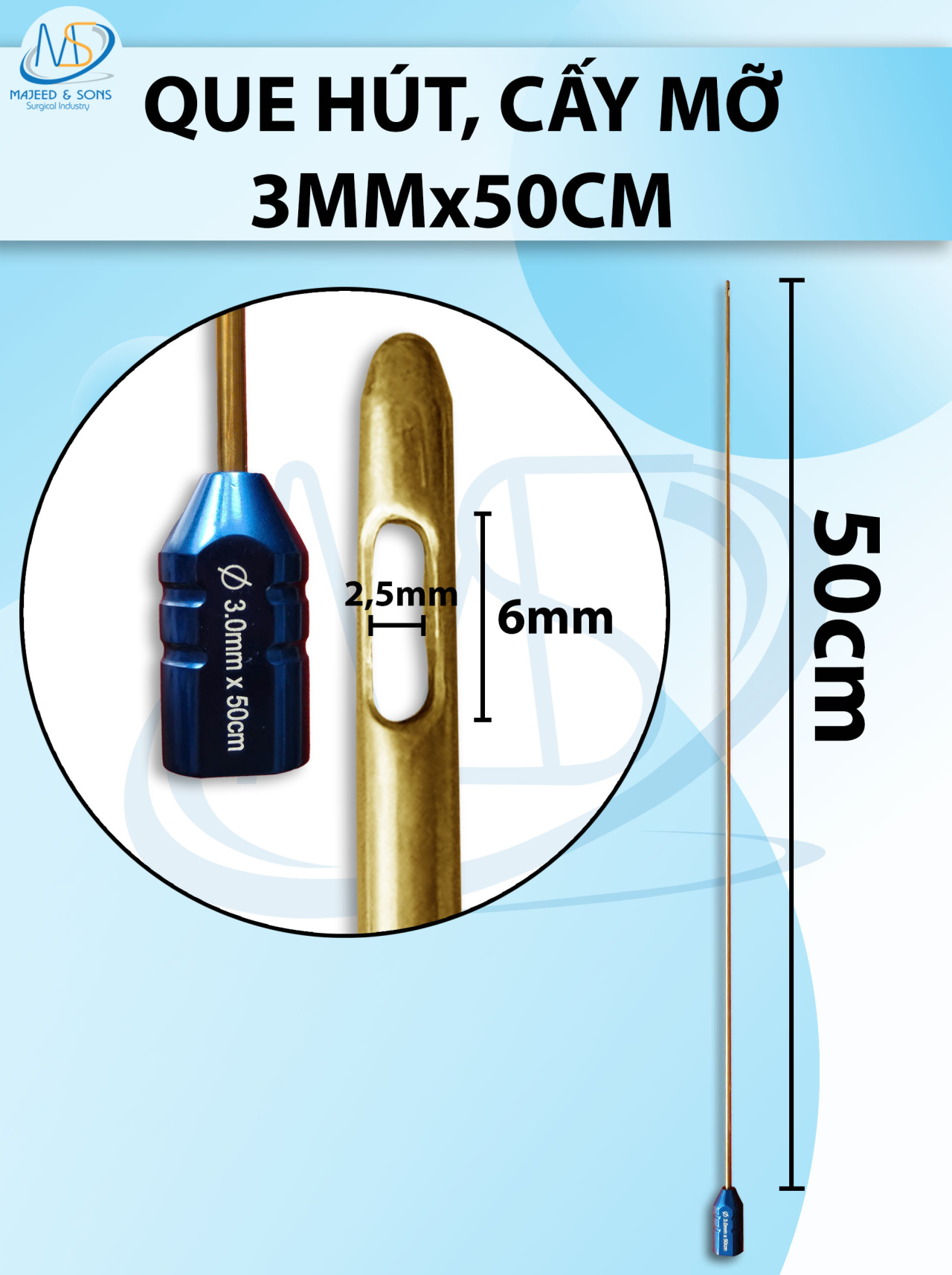 Que hút 50cm  x 3mm , 2 lỗ 6 x 3mm