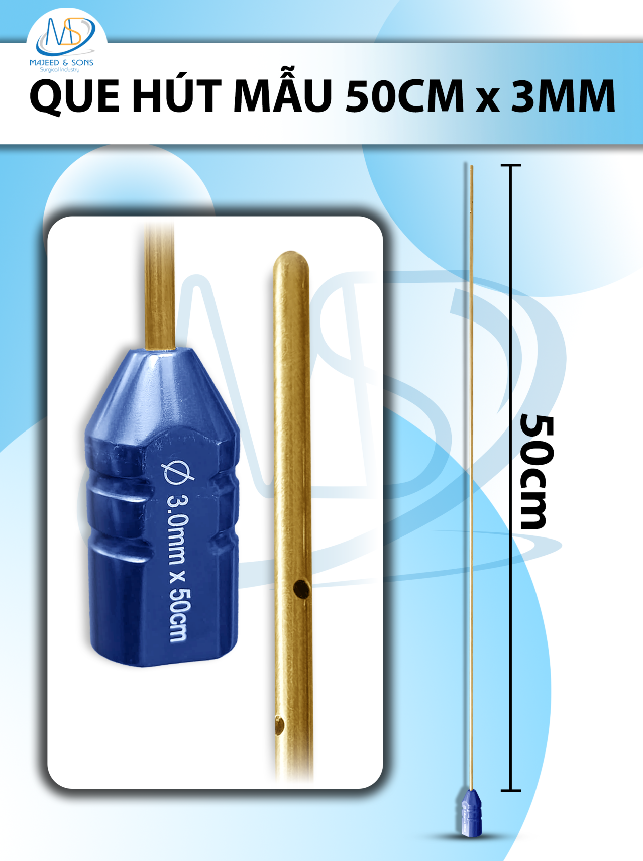 Que hút mỡ 50cm x 3mm 4 lỗ xoắn