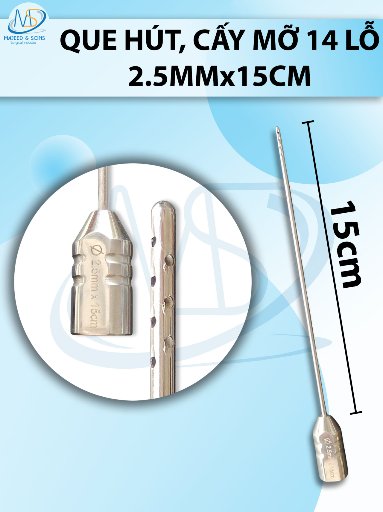 Que hút mỡ cấy 14 lỗ, que hút lỗ sắc bén cắt mỡ tốt 3,5mmx15cm