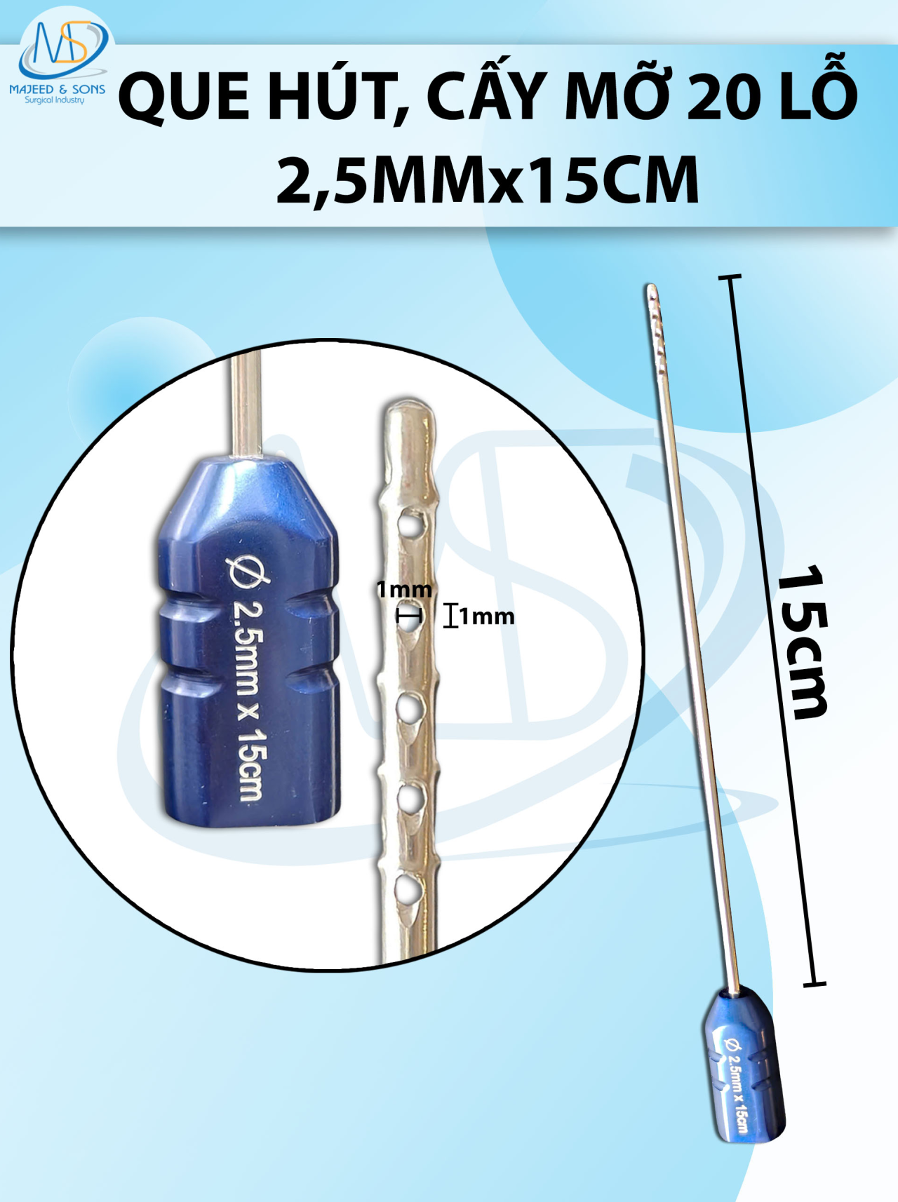 Que hút mỡ cấy 20 lỗ, lỗ sắc bén cắt mỡ tốt 2,5mmx15cm,  1x1mm