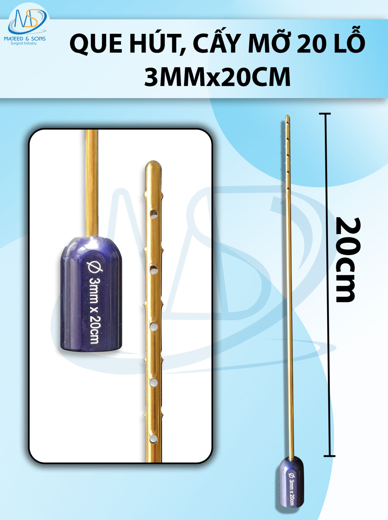 Que hút mỡ cấy 20 lỗ, lỗ sắc bén cắt mỡ tốt 3mmx20cm, lỗ 1x1mm