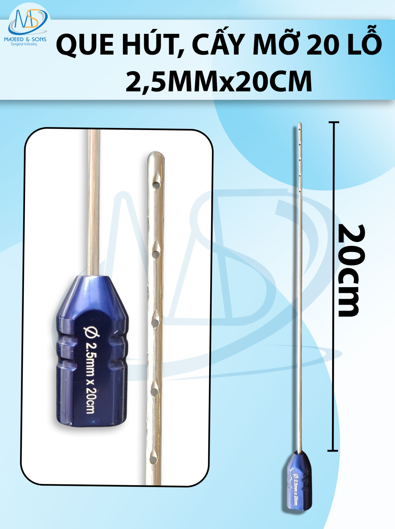 Que hút mỡ cấy 20 lỗ, que hút lỗ sắc bén cắt mỡ tốt 2,5mmx20cm