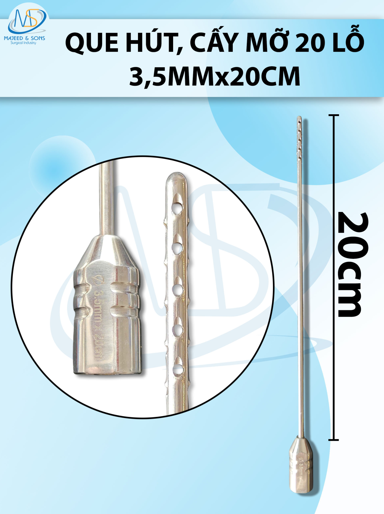 Que hút mỡ cấy 20 lỗ, que hút lỗ sắc bén cắt mỡ tốt 3,5mmx20cm, 1,5x1,5mm