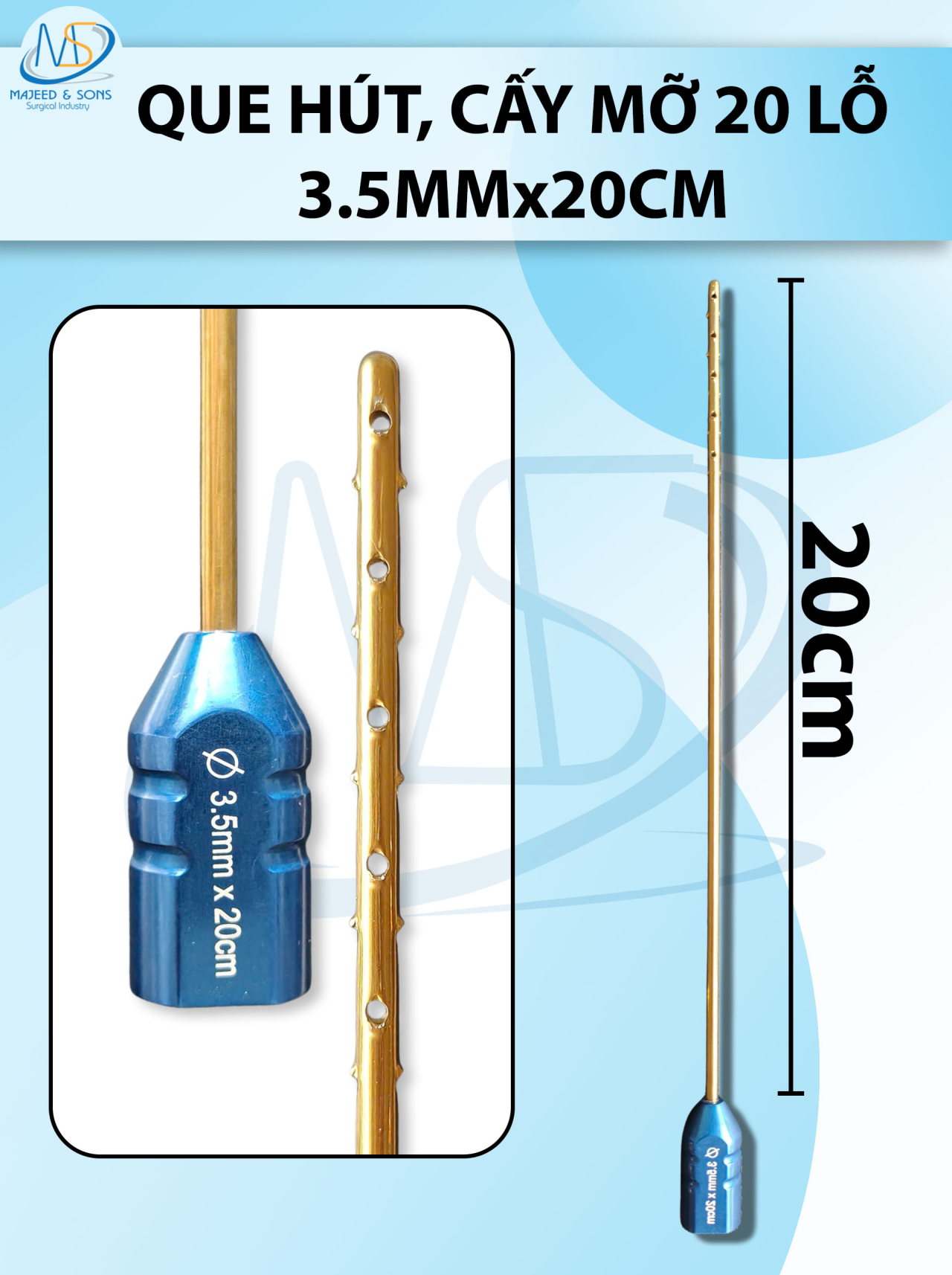 Que hút mỡ cấy 20 lỗ, que hút lỗ sắc bén cắt mỡ tốt 3,5mmx20cm, lỗ 1x1mm