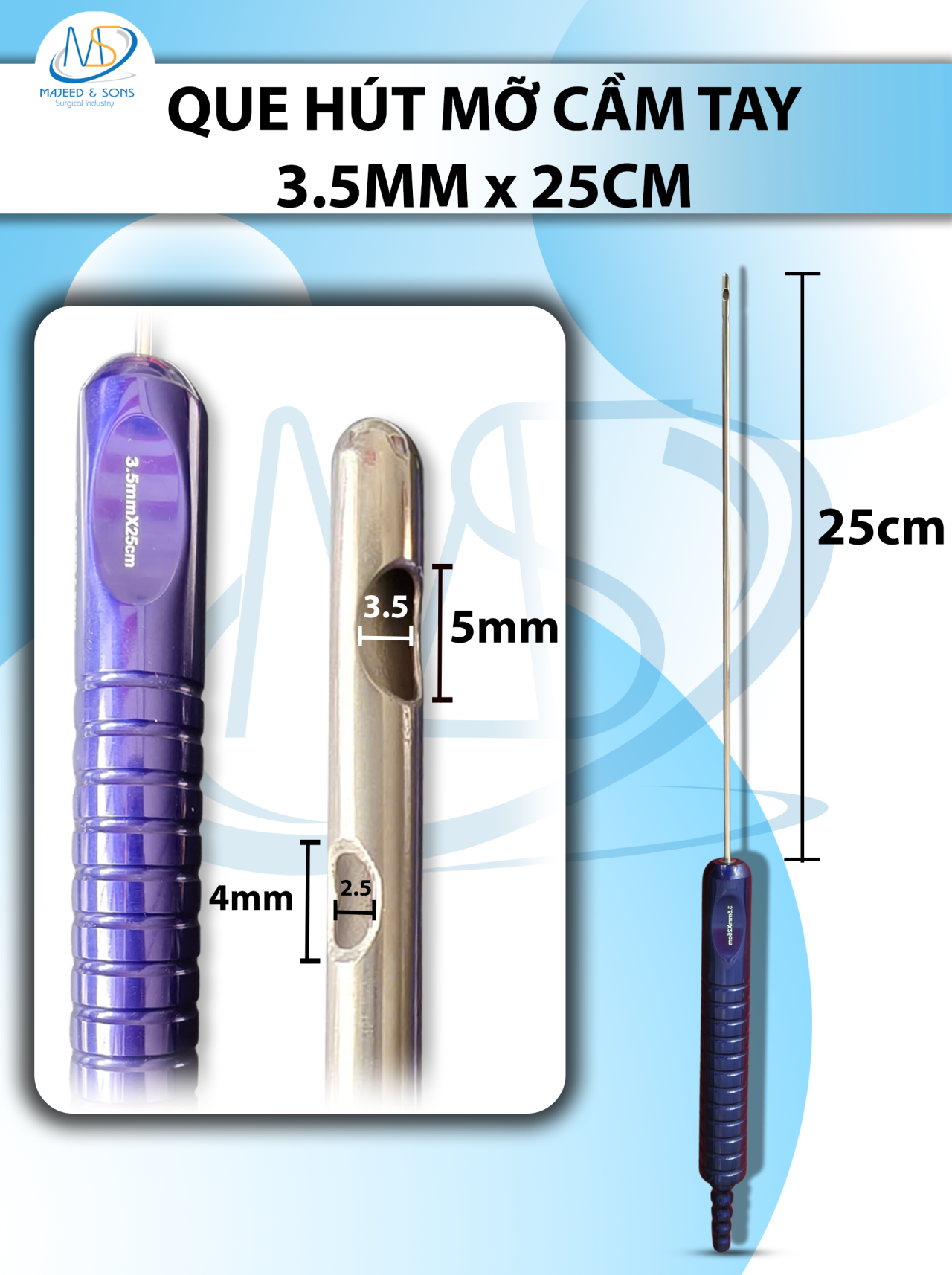 Que hút mỡ tay cầm 3,5mmx25cm, 3 lỗ tháp tròn, lỗ to d5mmxr3,5mm, 2 lỗ nhỏ d4mmxr2,5mm