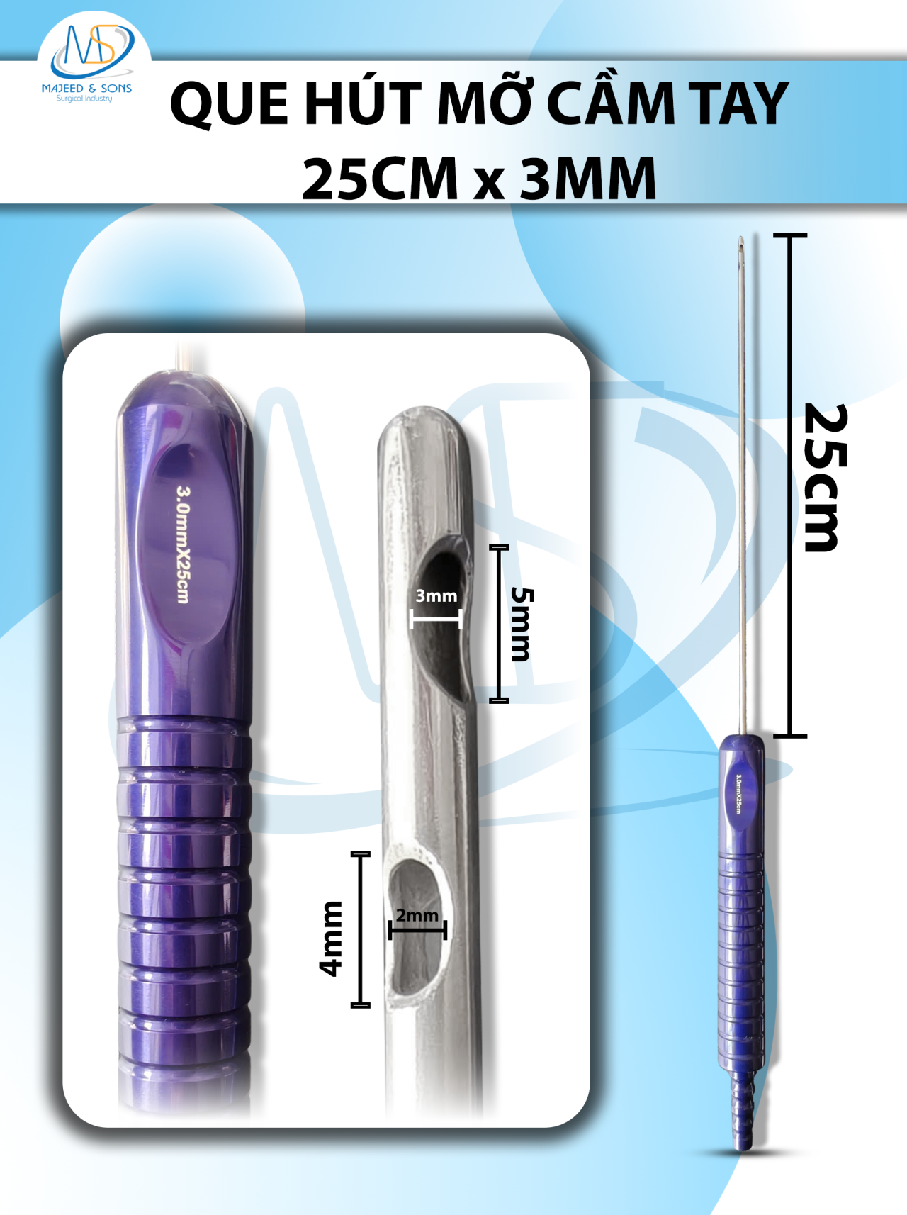 Que hút mỡ tay cầm 3mmx25cm, 3 lỗ tháp tròn, lỗ to d5mmxr3mm, 2 lỗ nhỏ d4mmxr2mm