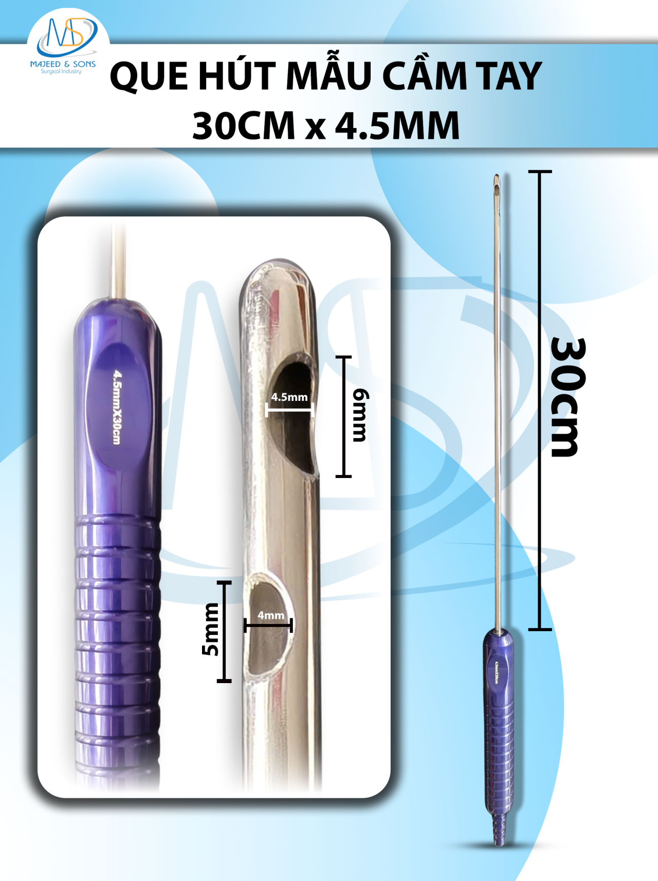 Que hút mỡ tay cầm 4,5mmx30cm, 3 lỗ tháp tròn, lỗ to d6mmxr4,5mm, 2 lỗ nhỏ d5mmxr4mm