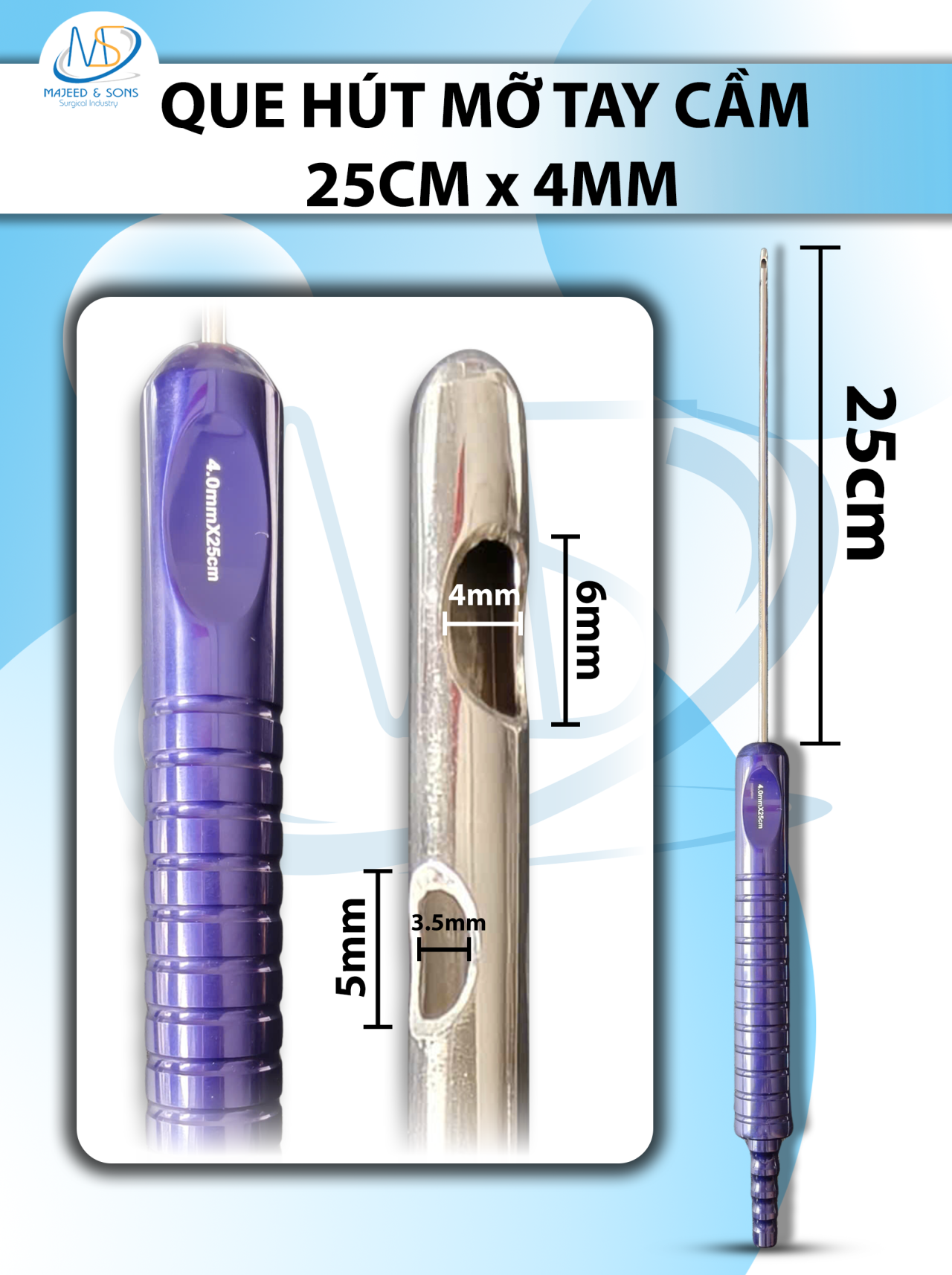 Que hút mỡ tay cầm 4mmx25cm, 3 lỗ tháp tròn, lỗ to d6mmxr4mm, 2 lỗ nhỏ d5,5mmxr3,5mm