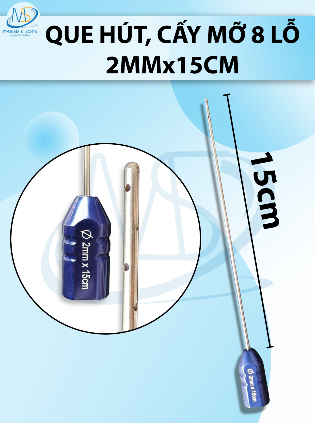 Que tiêm, kim hút mỡ cấy 8 lỗ 2mmx15cm