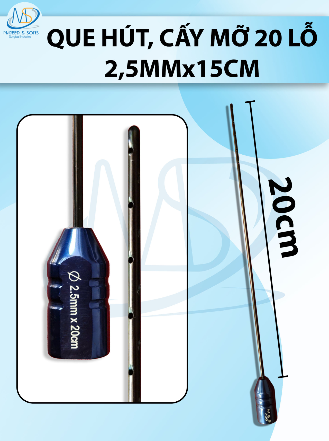 Que tiêm, que hút mỡ cấy 20 lỗ 2,5mmx15cm