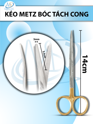 Kéo metz bóc tách 14cm cong TC cán vàng đầu lưỡi dài 3,5cm rộng 0,3mm