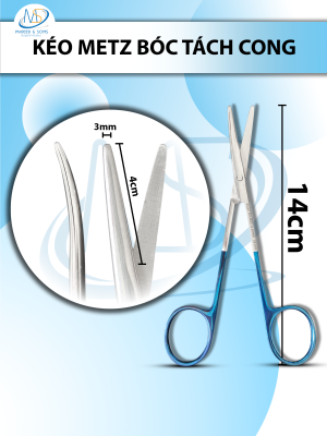 Kéo metz bóc tách 14cm cong TC cán xanh, đầu lưỡi dài 4cm, rộng 0,3mm