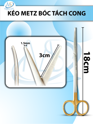 Kéo metz bóc tách 18cm cong TC,lưỡi kéo 3cm tù 1,5mm