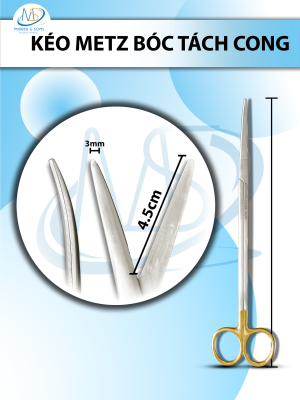 Kéo metz bóc tách 25cm cong TC, lưỡi kéo 4,5cm tù 3mm