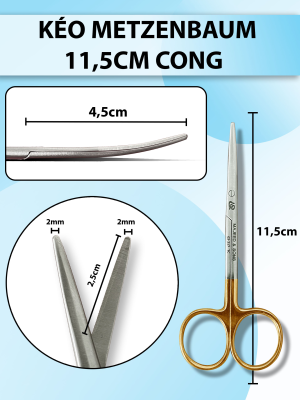 Kéo metzenbaum 11,5cm cong, kéo phẫu thuật bóc tách mỡ mí mắt, kéo bóc tách