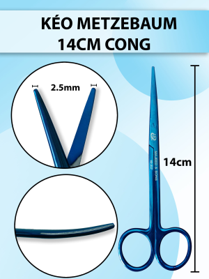 Kéo metzenbaum 14cm cong, kéo phẫu thuật bóc tách mô dày, kéo tù đầu to khoẻ