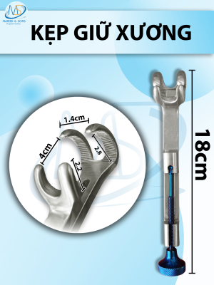 kẹp giữ xương có chốt vặn Dài 18cm Độ mở rộng max 4cm dài đầu lớn 2,2 đầu nhỏ 2,8 ngang 1,4