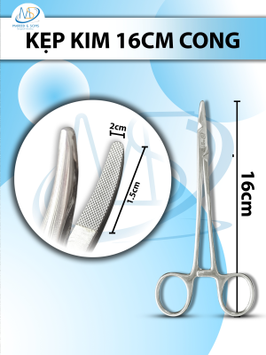 Kẹp kim 16cm cong, đầu D1.5cm R2mm có tips TC không cắn chỉ tuột chỉ