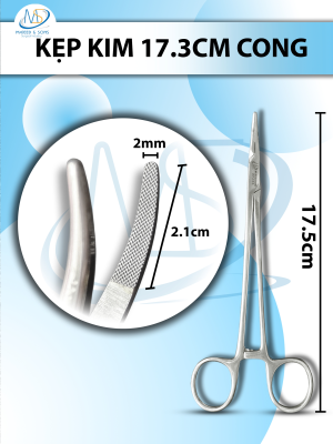 Kẹp kim 17.5cm cong, đầu D2.1cm R2mm, có tips TC không cắn chỉ tuột chỉ