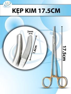 Kẹp kim 17cm cong, đầu D1.6cm R2mm cán vàng có tips TC không cắn chỉ tuột chỉ