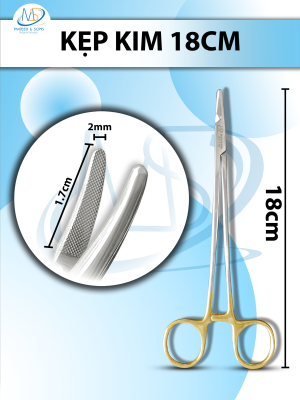 Kẹp kim 18cm cong, đầu D1.7cm R2mm cán vàng có tips TC không cắn chỉ tuột chỉ