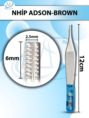 Nhíp Adson-Brown 12cm đầu nhíp D6mmxR2mm (cán xanh, cán vàng)