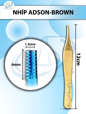Nhíp Adson-Brown 12cm đầu nhíp D6mmxR2mm (full xanh, full vàng)