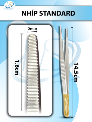 Nhíp Standard 14,5cm không mấu, nhíp phẫu tích đầu nhíp d1,6cmxr2mm