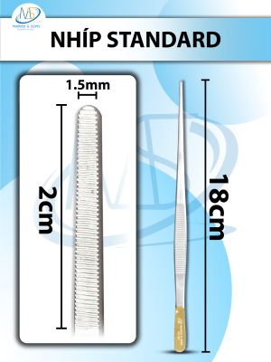 Nhíp standard KM, Nhíp phẫu tích KM 18cm, đầu nhíp D2cmxR1,5mm