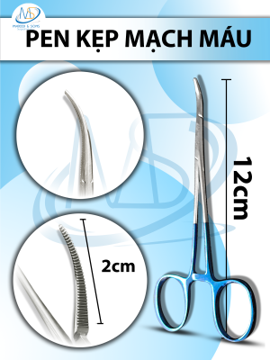 Pen 12cm kẹp mạch máu, đầu nhỏ thân nhỏ Lưỡi kẹp 2cm (cán xanh)