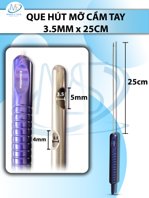 Que hút mỡ tay cầm 3,5mmx25cm, 3 lỗ tháp tròn, lỗ to d5mmxr3,5mm, 2 lỗ nhỏ d4mmxr2,5mm