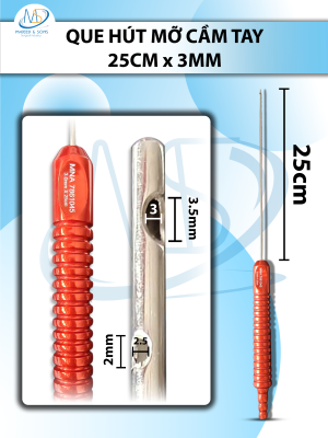 Que hút mỡ tay cầm 3mmx25cm, 3 lỗ tháp tròn, lỗ to d3,5mmxr3mm, 2 lỗ nhỏ d2mmxr2,5mm