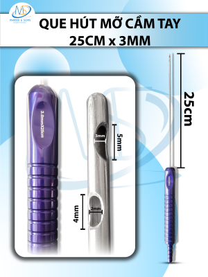 Que hút mỡ tay cầm 3mmx25cm, 3 lỗ tháp tròn, lỗ to d5mmxr3mm, 2 lỗ nhỏ d4mmxr2mm