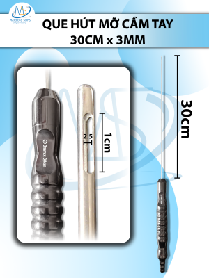 Que hút mỡ tay cầm 3mmx30cm 3 lỗ dài, lỗ d1cmxr2,5mm