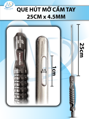 Que hút mỡ tay cầm 4,5mmx25cm, 3 lỗ dài lỗ d1cmxr2,5mm