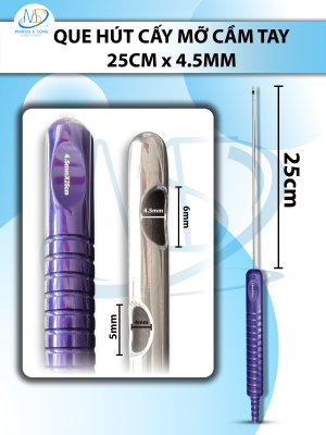 Que hút mỡ tay cầm 4,5mmx25cm, 3 lỗ tháp tròn, lỗ to d6mmxr4,5mm, 2 lỗ nhỏ d5mmxr4mm