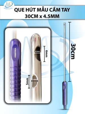 Que hút mỡ tay cầm 4,5mmx30cm, 3 lỗ tháp tròn, lỗ to d6mmxr4,5mm, 2 lỗ nhỏ d5mmxr4mm