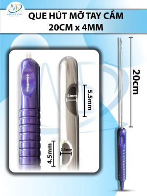 Que hút mỡ tay cầm 4mmx20cm, 3 lỗ tháp tròn, lỗ to d5,5mmxr4mm, 2 lỗ nhỏ d4,5mmxr3,5mm