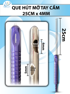 Que hút mỡ tay cầm 4mmx25cm, 3 lỗ tháp tròn, lỗ to d6mmxr4mm, 2 lỗ nhỏ d5,5mmxr3,5mm