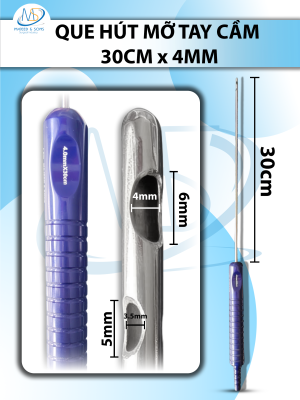 Que hút mỡ tay cầm 4mmx30cm, 3 lỗ tháp tròn, lỗ to d6mmxr4mm, 2 lỗ nhỏ d5mmx3,5mm